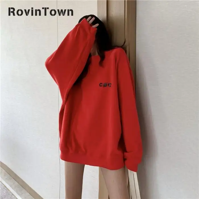 Весна и осень Kpop Черный Красный свободный крой женские толстовки с длинным