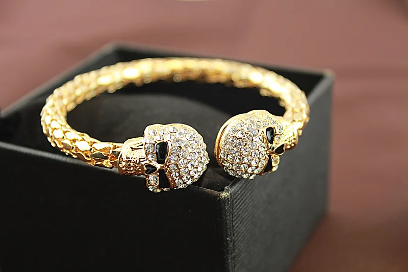 Панк Череп Кристалл Открытый браслет для мужчин f Отик двойной череп головы