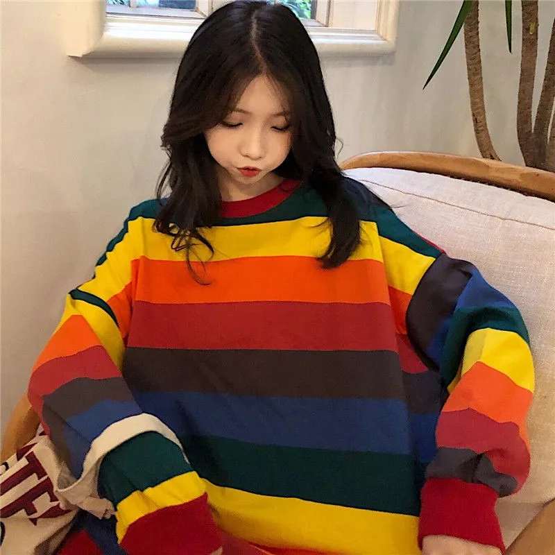 Одежда в Корейском стиле Сезон осень c бантом полоску цветастой радуги для детей
