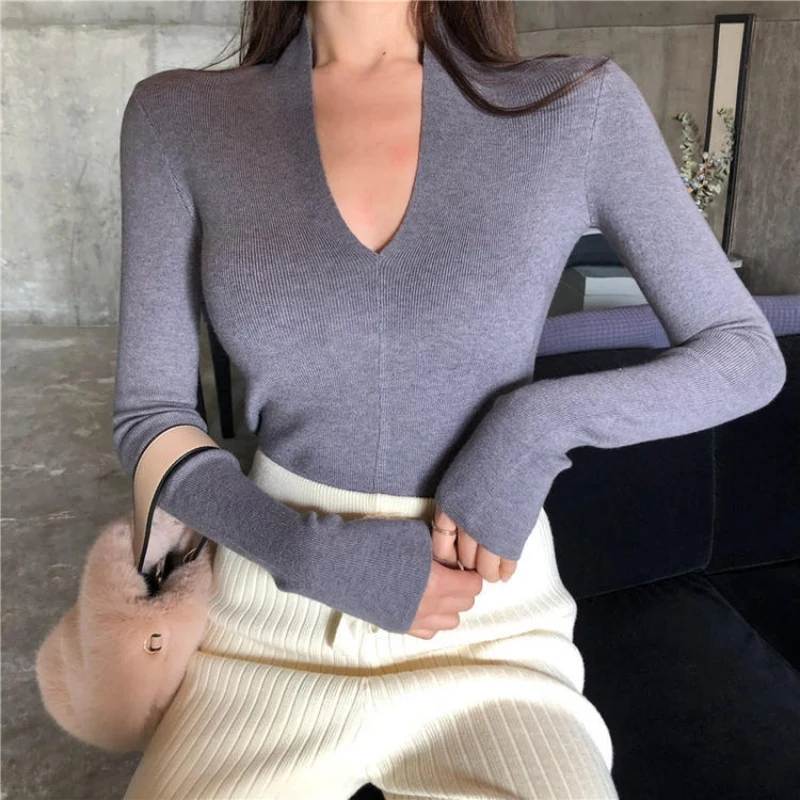 Женская трикотажная рубашка с длинным рукавом V образным вырезом|Футболки| |