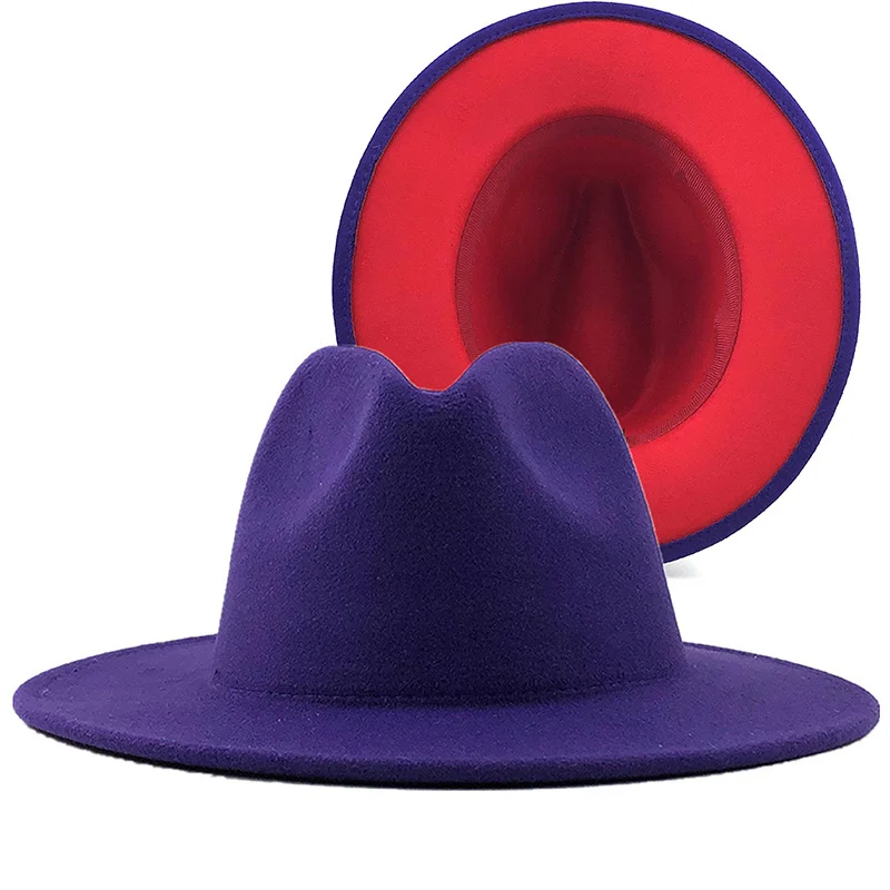 

purple Red 60CM Patchwork Wool Felt Jazz Fedora Hat Women Wide Brim Panama Party Trilby Cowboy Cap Men Gentleman Wedding Hat