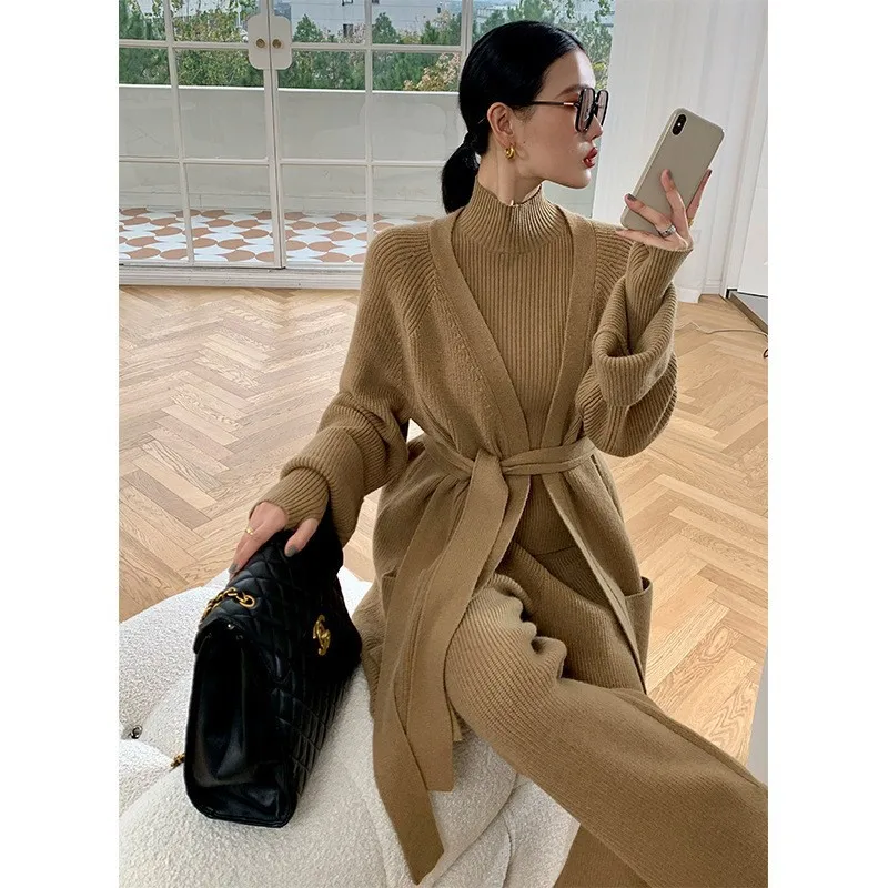

SuperAen Three-piece Pants Suit Solid Turtleneck Thickened Autumn Winter Knit Cardigan Jacket