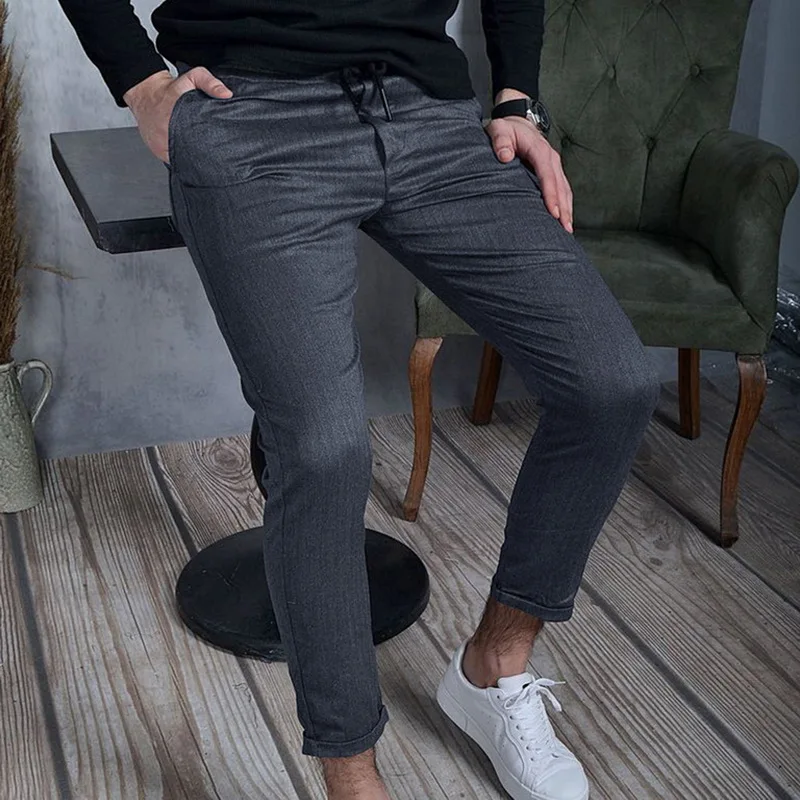 Брюки мужские тонкие в полоску модные облегающие повседневные штаны султанки