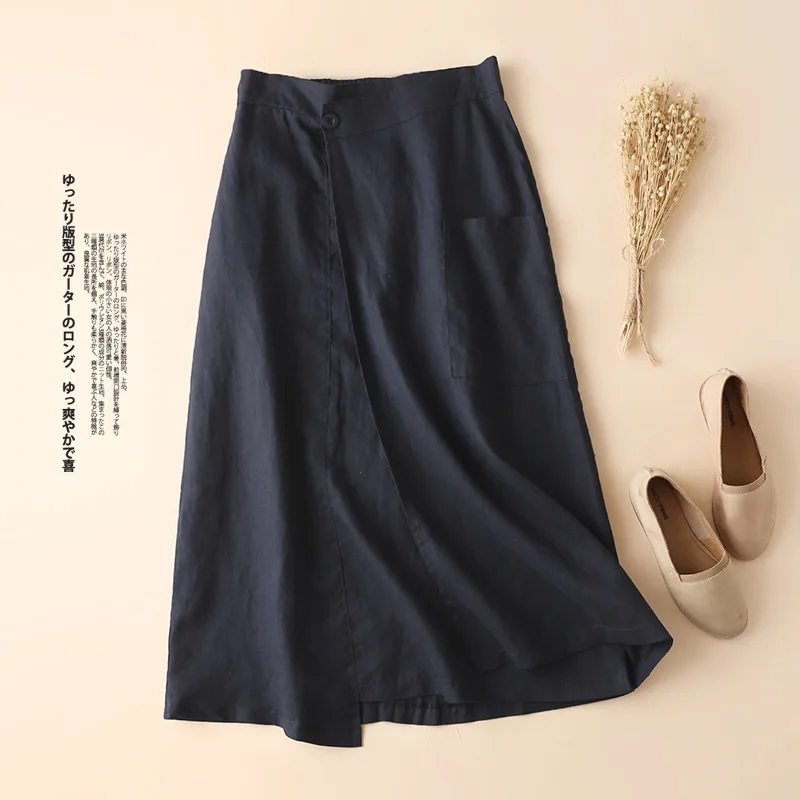 

8027 Knee Skirts Womens Summer New 2020 Arrival Fashion Casual Elastic Waist Pockets Button Solid Color Blue Linen Elegant Skirt