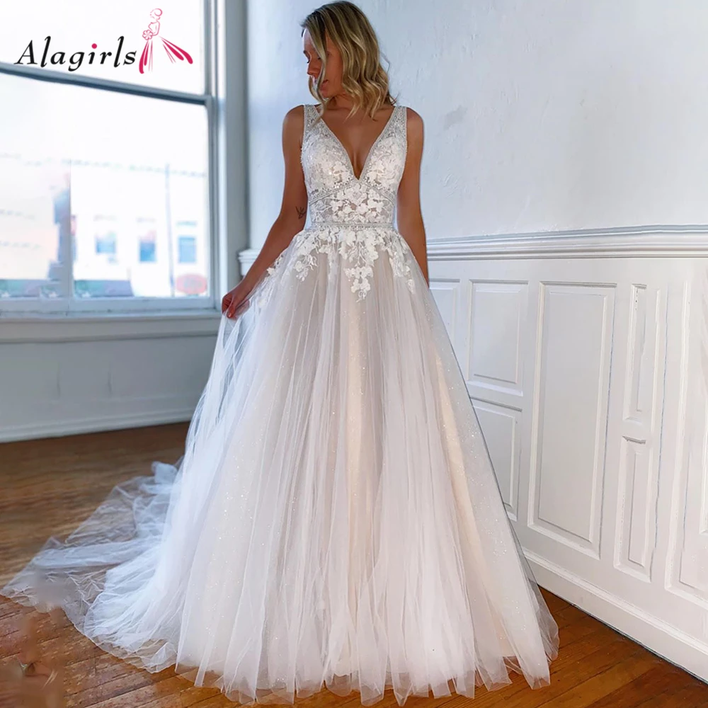 

Свадебное платье из фатина с аппликацией и V-образным вырезом, 2020, сексуальные платья невесты без рукавов, платье для невесты без спинки прин...