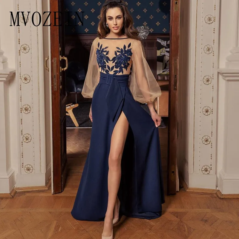 Темно синее платье для выпускного вечера с кружевной аппликацией ТРАПЕЦИЕВИДНОЕ