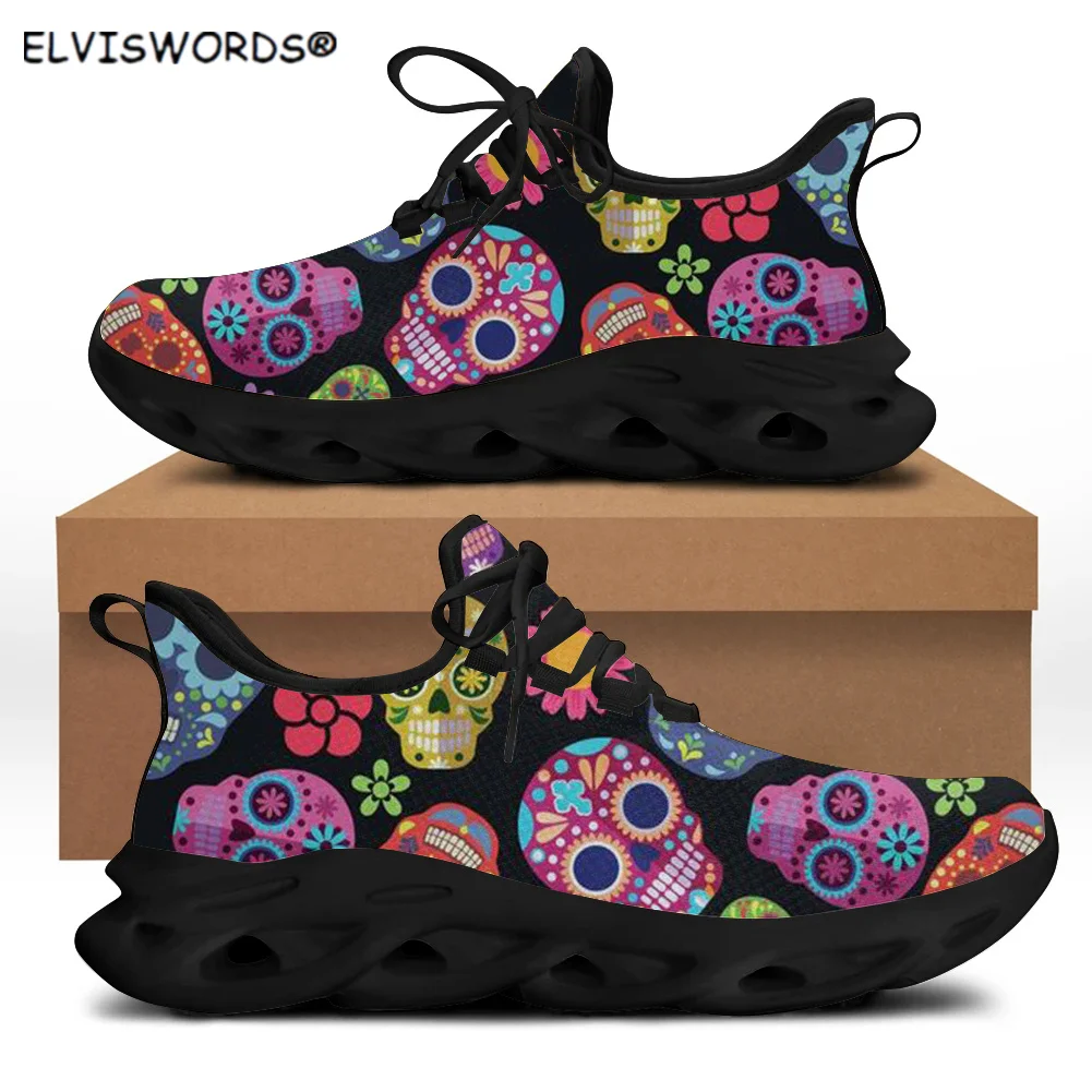 

ELVISWORDS Skull Design Comfortable Ladies Walking Shoes Breathable Women Mesh Knit Sneakers Lace Up Flats for Female