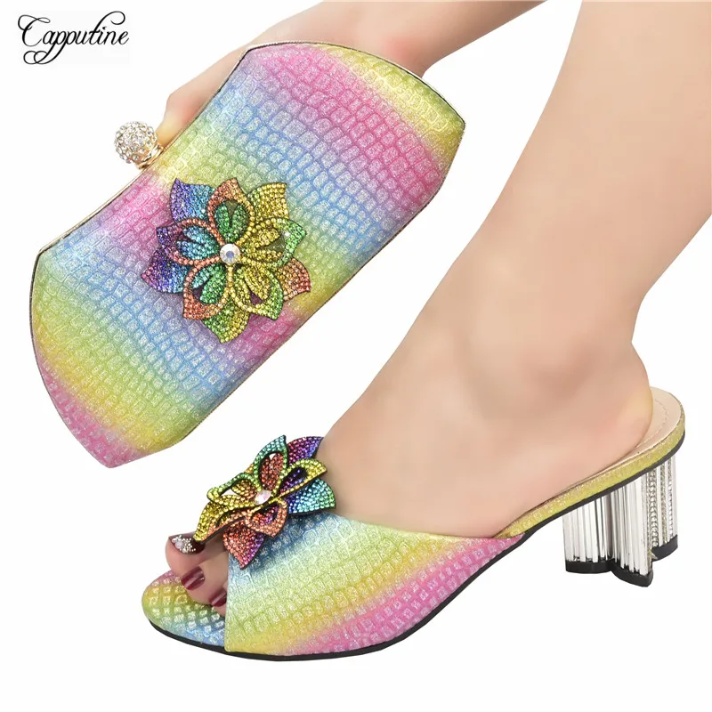 

Fashion Rainbow Color African Woman Matching Shoes And Bag Set Italian Design High Heels Pumps With Handbag Slippers 938-46 9CM