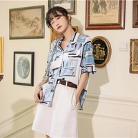 2021 summer new retro hong kong style shirt female design sense hong kong style short sleeved printed shirt loose