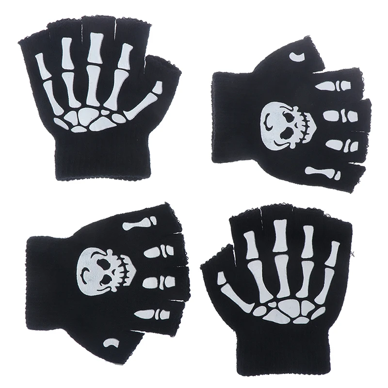 

Boys Cool Fluorescent Skeleton Gloves Children Mittens Skull Gloves Fashion Cool Winter Black Knitting Luminous Gloves