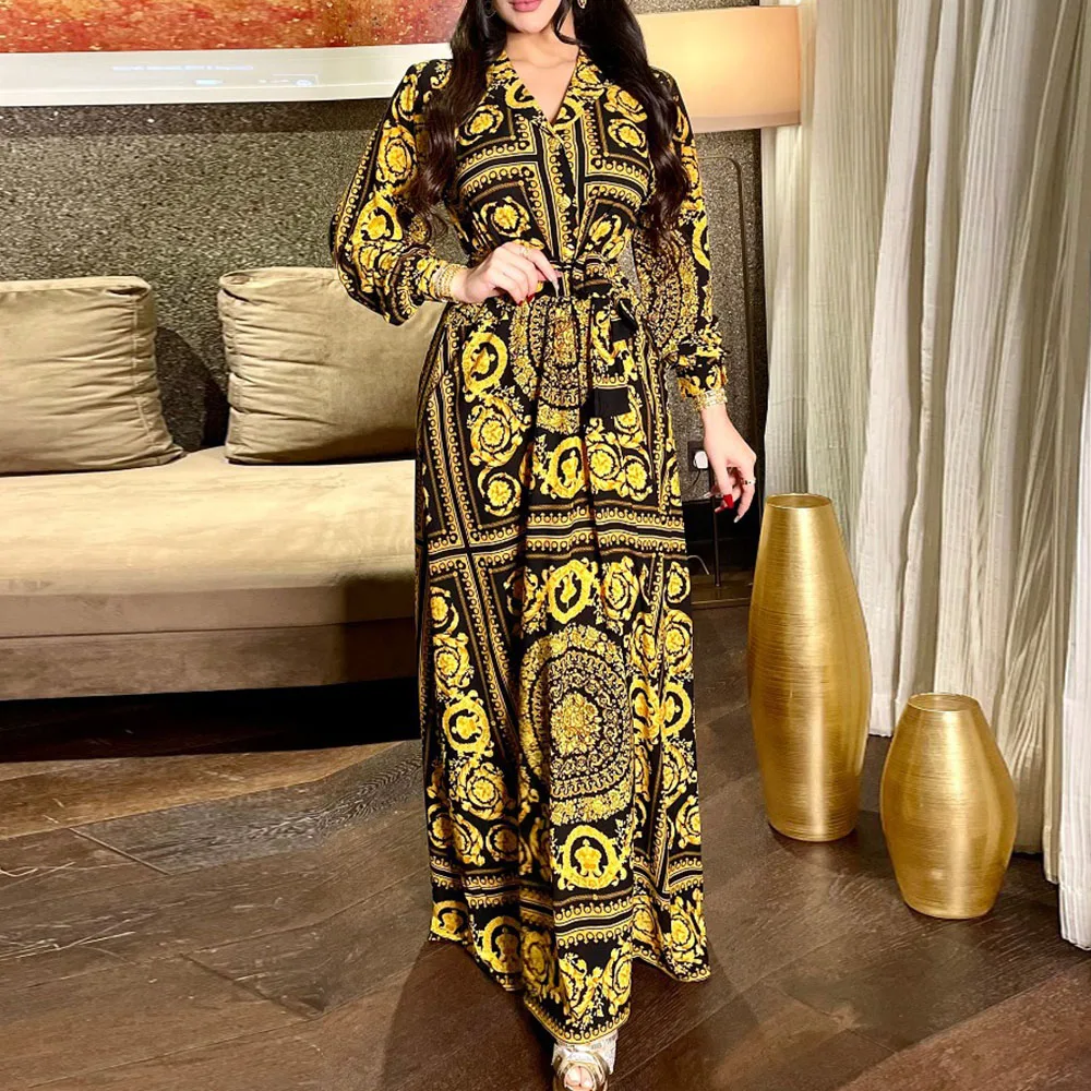 

Новое Осеннее женское платье, Повседневная мода, в этническом мусульманском стиле, Средний Восток, с длинным рукавом, с отворотом, тонкий, пр...