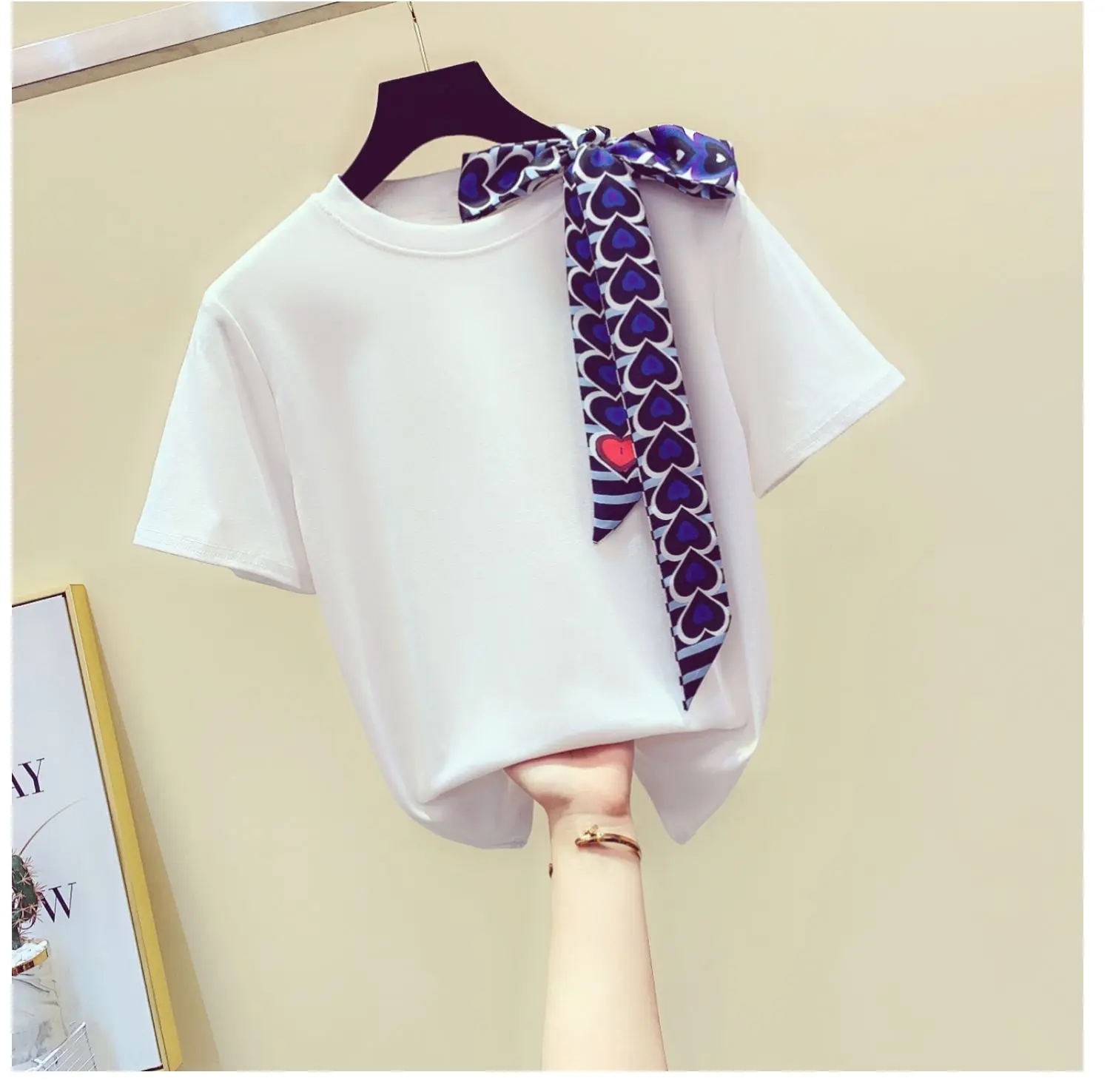 

2021 Summer Lace-up Bow Cotton Short-Sleeved T-shirt Loose Hong Kong Style Women Tee Simple Half Sleeve Solid Fashion Top