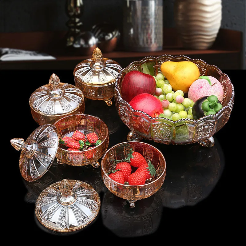 

Fruit plate candy can with lid lead-free glass material living room home fashion creativity dry fruit snack plate snack nut box