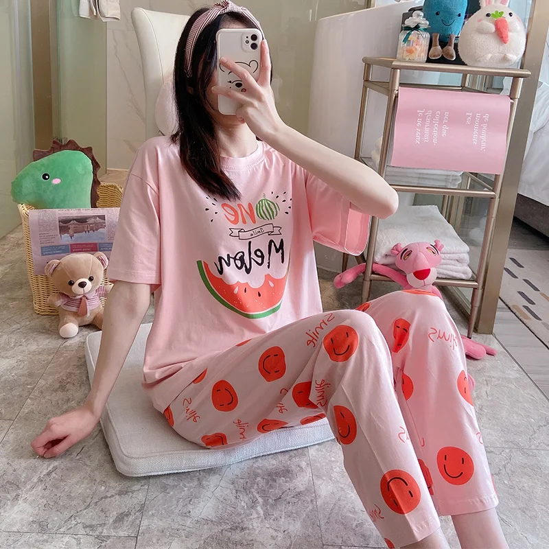 

Cute Watermelon Pajamas Women's Summer Korean Style Cotton Sweet Short Sleeve Trousers Suit Thin Student Spring and Autumn