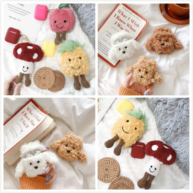 3D Милый чехол для наушников Airpods в виде плюшевой куклы Картинка 2, с шерстяным мишкой плюшевым плодом и брелоком.