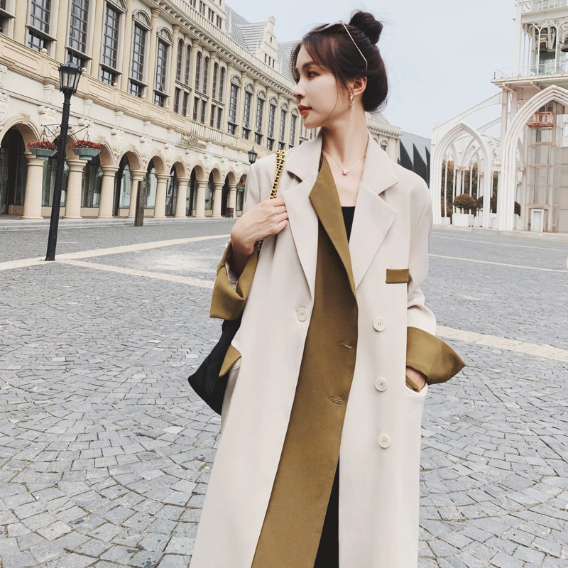 Женская бежевая куртка-ветровка средней длины весна-осень Новинка контрастные