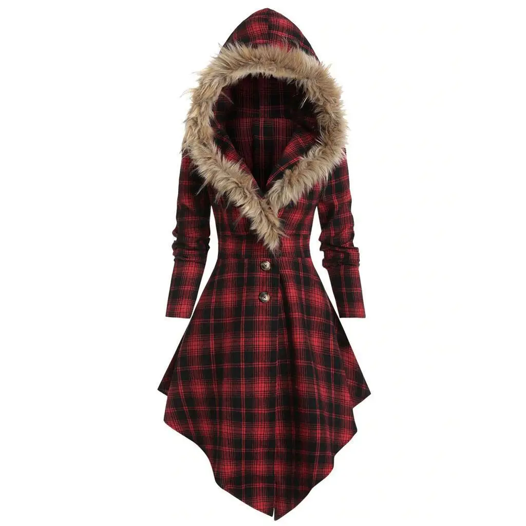 

Winter Dress Women's Fur Collar Hood New Lacing Mid Length Slim Plaid Back Long Sleeve Ladies Clothes Female Streetwear Gothic S