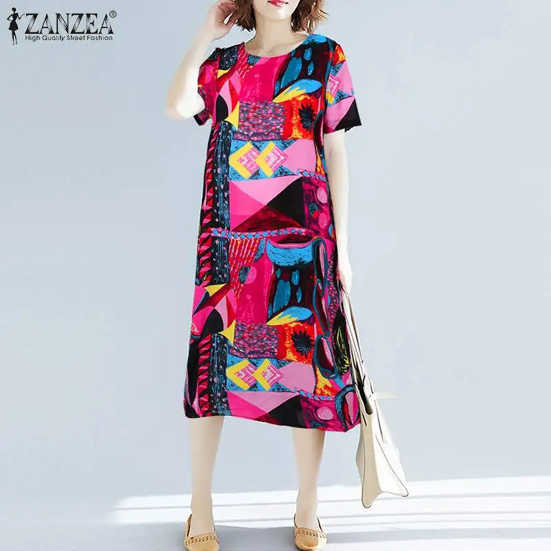

ZANZEA Women Baggy Printed Chic Faldas Largas Femme 2021 Stylish Summer Dress Fashion Sundress Casual Short Sleeve Shirt Dresses