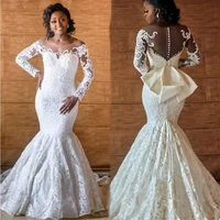 african mermaid lace wedding dresses 2022 vestido de noiva women bridal wedding gowns long sleeve bow back button sheer bride