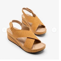 women sandals new summer shoes woman ladies sewing hollow out wedges female casual pu leather comfortable retro sandalis