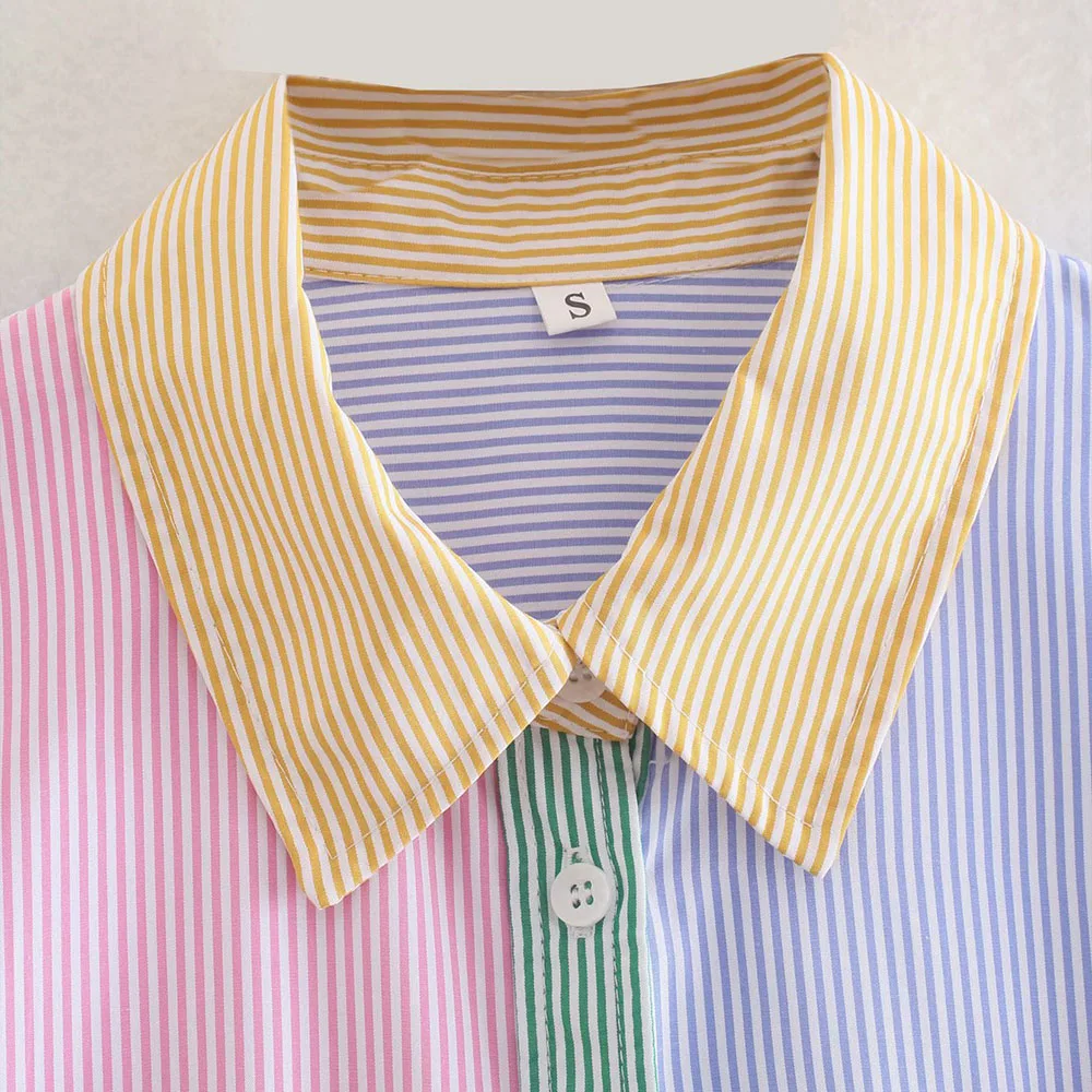 

2021 Za New Fashion Loose Hit the color stripes Blouses Vintage Long Sleeve Buttons Female Shirts Blusas Chic Tops