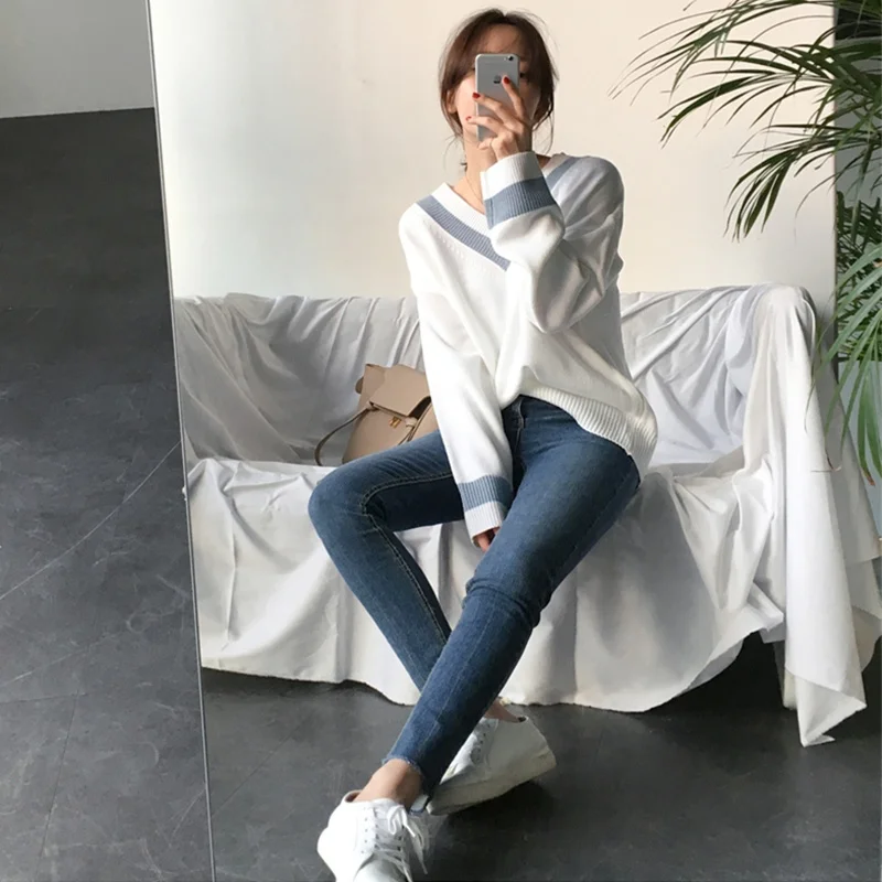 Spring White V-neck Sweater Chic Korean Pullover 2022 Autumn Winter Women's Sweaters New Casual Basic Female Jumpers All-match | Женская