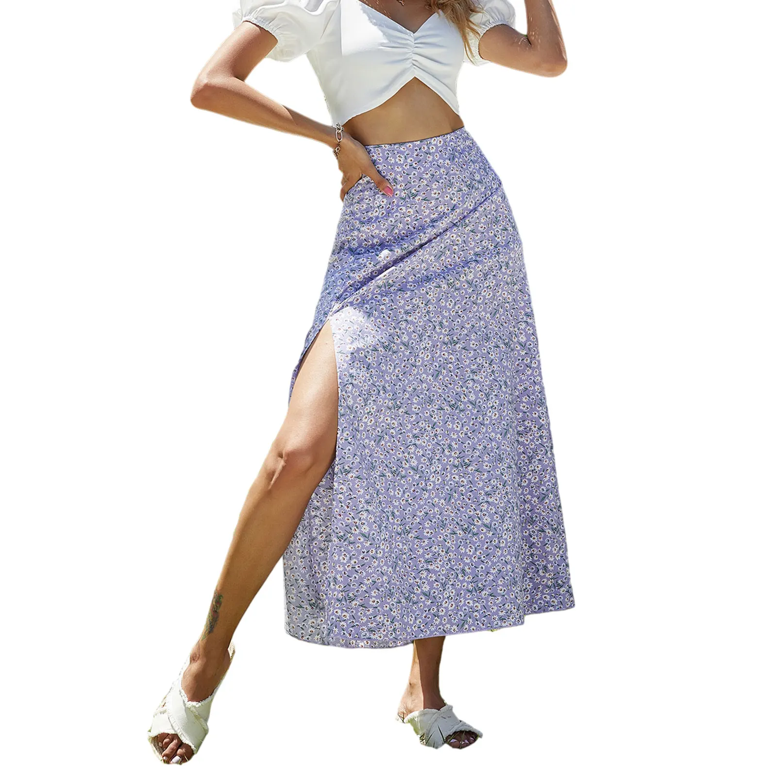 

2021 Fashion Womens Summer Casual Mid-length Skirt Fashion Floral High-waist Split A-line Skirt