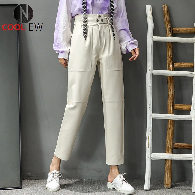 

High Waist Genuine Leather Pants Women Casual Loose Fit Sashes Sheepskin Harem Pants Office Lady Ankle Length Straight Trousers