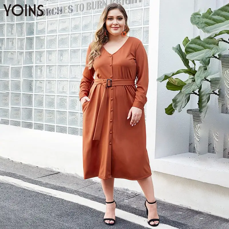 YOINS элегантное платье миди с поясом v образным вырезом пуговицами передними