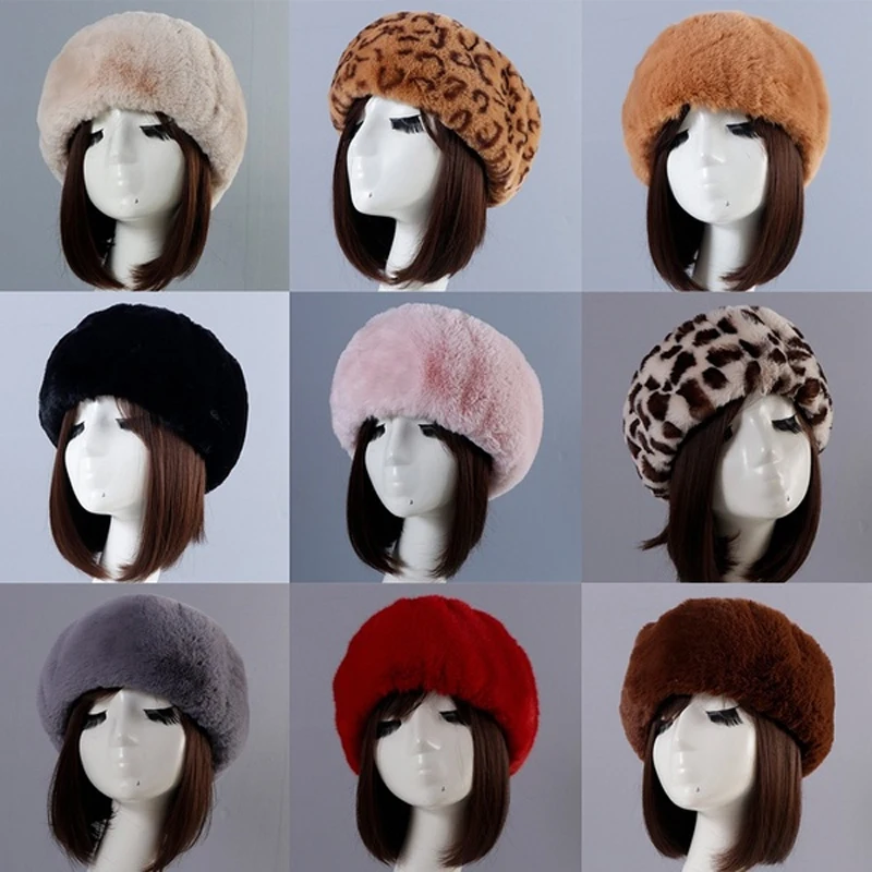 

Autumn Winter Ladies Faux Fur Empty Top Hat Warm Windproof Hood Fashion Soft Short Plush Leopard Solid Color Ear Protection Cap