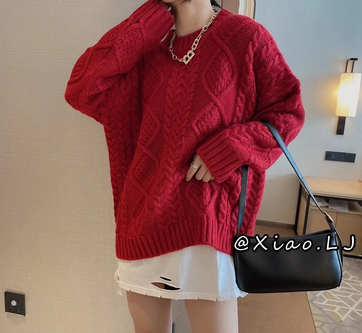

Women's autumn and winter Mori loose medium and long round neck twist sweater pullover sweater