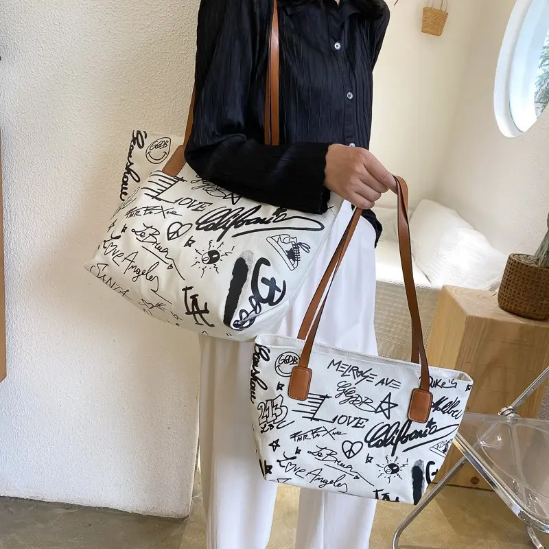 

Women Canvas Shoulder Bag Large Capacity Daily Shopping Bags Students Books Bag 2021 New Graffiti Handbags Casual Tote for Girls