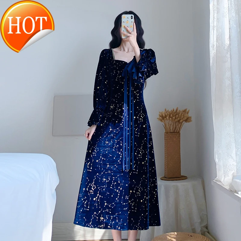 

Золотистое бархатное платье золотистого цвета Женская осенне-зимняя новая юбка средней длины с рукавами-фонариками и поясом на талии