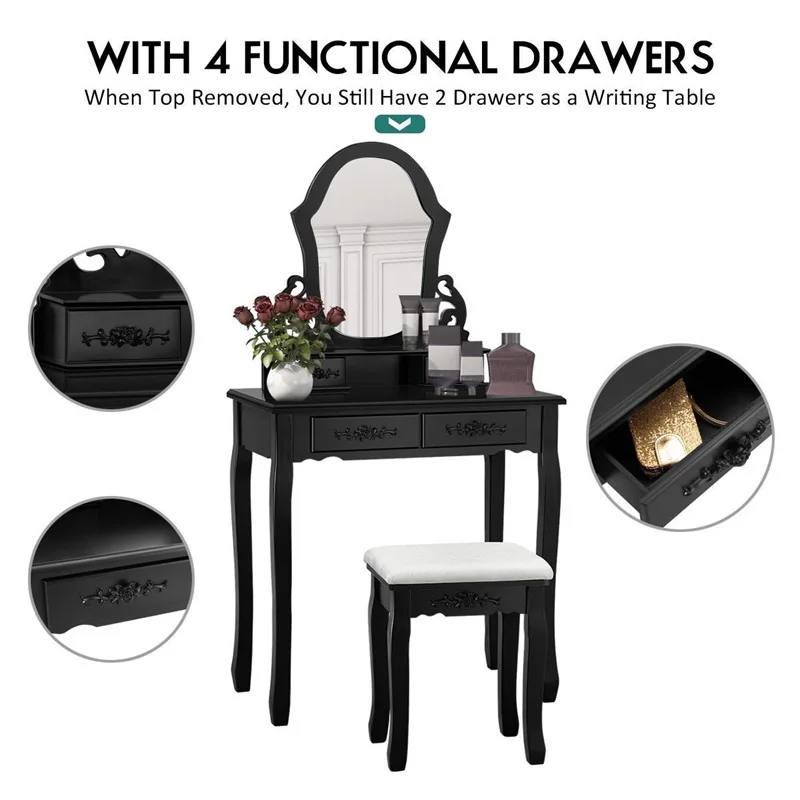 Набор табуретов для туалетного столика из соснового дерева с зеркалом 4