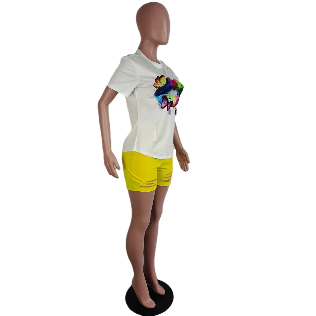 

Solid Color Cartoon Lip Print T-Shirt & Pleated Biker Pants Summer Women Suit Hot Style European & American 2 Piece Set