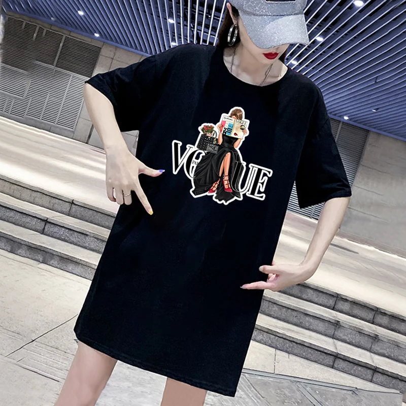 

Women Short Sleeve Mini Dress Flowers Girl Print Long Loose Summer Streetwear Casual Robes Letter Solid T Shirt Dresses