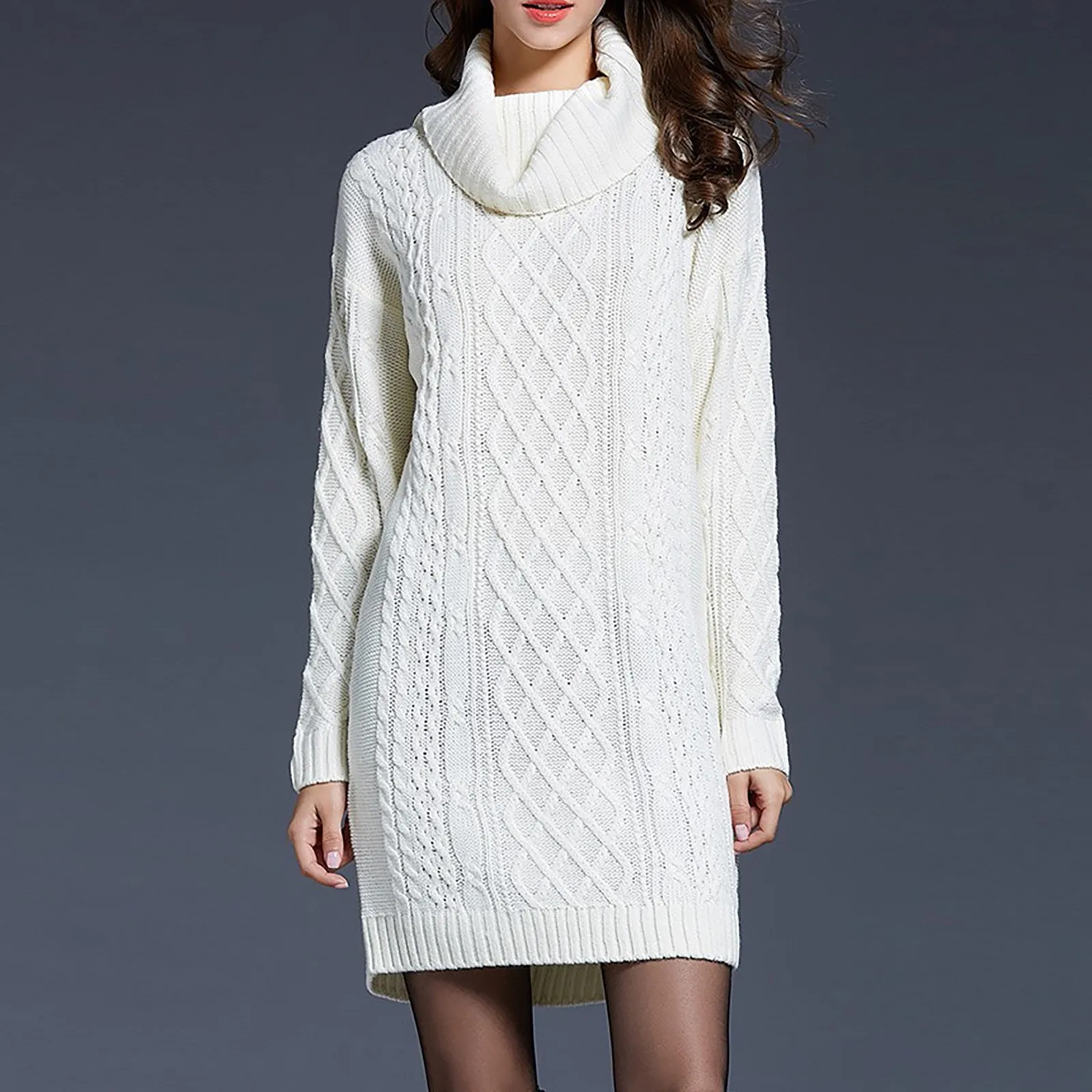 

Knitted Scarf Collar Mini Dress Women 2021 Autumn Winter Outwear Casual Solid Color Long Sleeve Ladies Dress robe femme