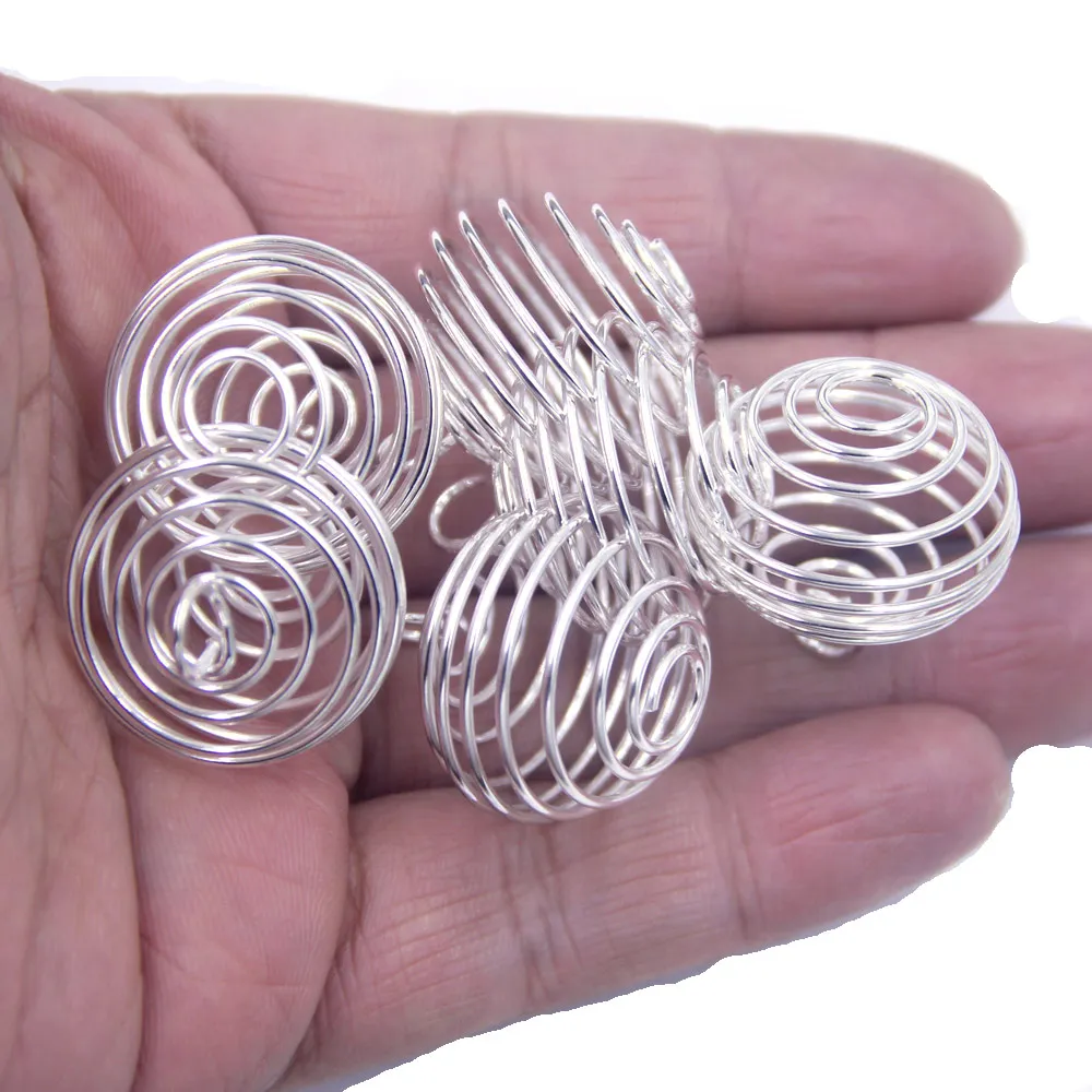 50Pcs Pendants Spiral Bead Cages Adjustable Round Alloy Silver Plated Charm Fashion Jewelry DIY Finding 29x24mm