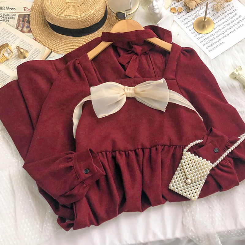 

Женское винтажное платье средней длины, повседневное вечернее платье во французском стиле с длинным рукавом и бантом, милое корейское модн...