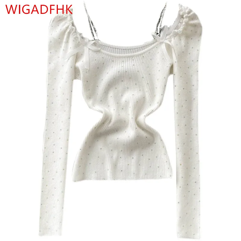 

2021 Autumn Sling top Women's Fashion Patch Drill Self-cultivation All-match Puff Sleeve Long-sleeved Bottoming Shirt