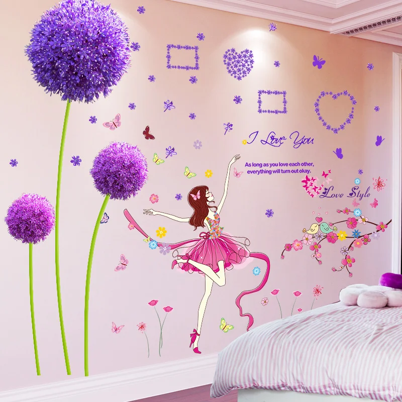 

[shijuekongjian] Pink Girl Dancer Wall Stickers DIY Dandelions Flowers Wall Decals for Kids Bedroom Living Room Home Decoration