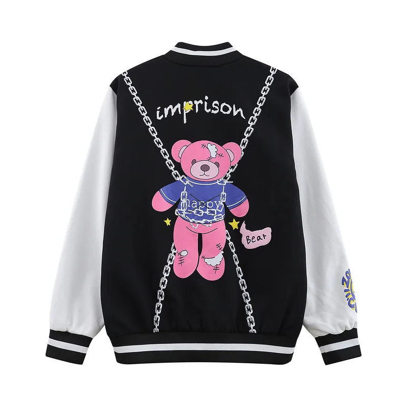 

Autumn Cartoon Baseball Youth Color Matching Jacket Chinese Trend Student Couple Loose Coat Fashion Casual Streetwear Tops