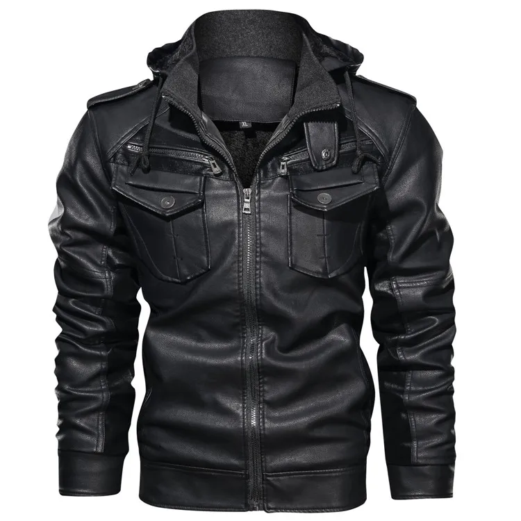 Men's Leather Jackets Winter Fleece Thick Mens Hooded Motorcycle PU Coats Male Fashion Outwear Brand Clothing