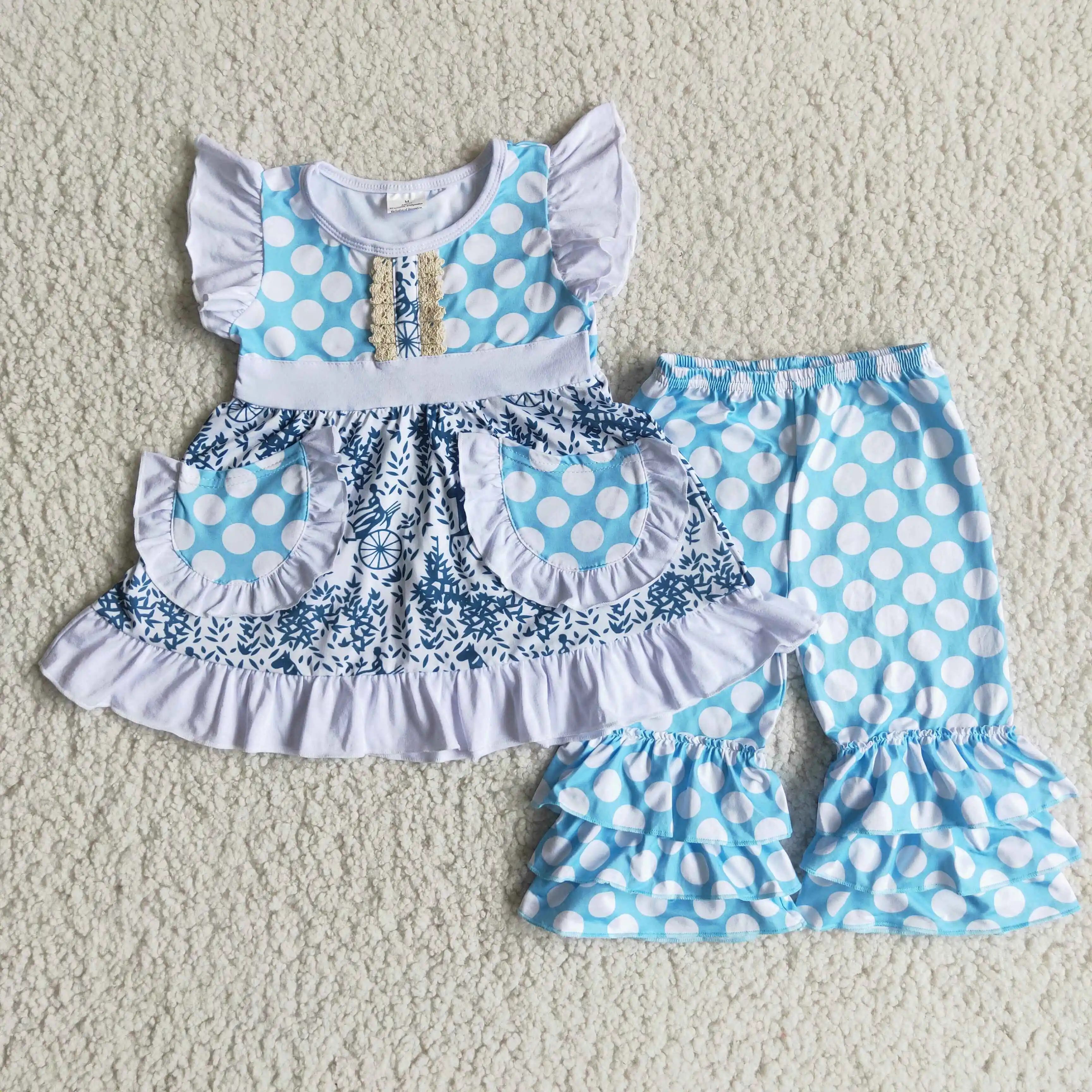 

Toddlers Sky Blue Polka Dot Outfits Baby Girls Flutter Sleeves Top Ruffled Pants Kids Clothing Sets Children Boutique Styles