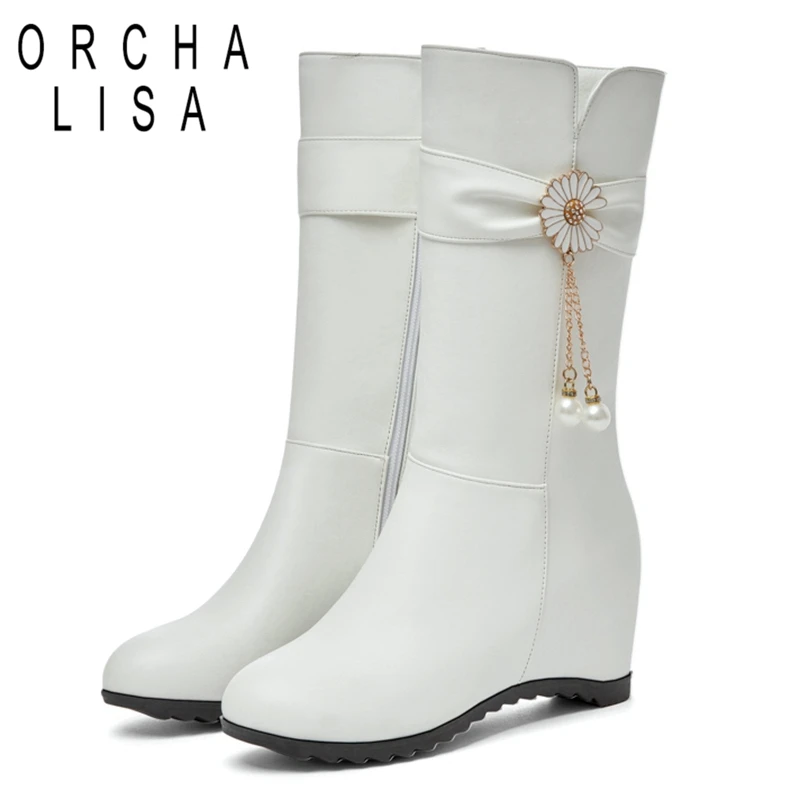 

Милая женская обувь до середины икры с бантиком, модные повседневные ботинки на скрытой танкетке, Женская однотонная обувь с бахромой и жем...