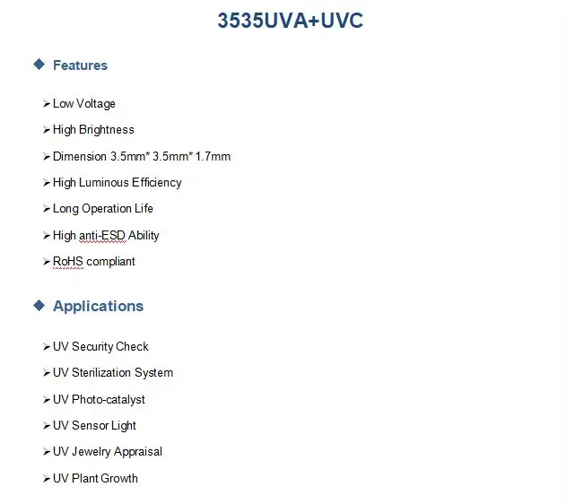 1 шт. X 3535UVA + UVC 3535 светодиодный 265-280NM 5 в 3535UVC SMD СВЕТОДИОДНЫЙ 3 5*3 5*1 мм Бесплатная
