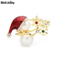 wulibaby enamel snowflake snowman brooches for women new rhinestone pearl winter christmas new year brooch pin gifts