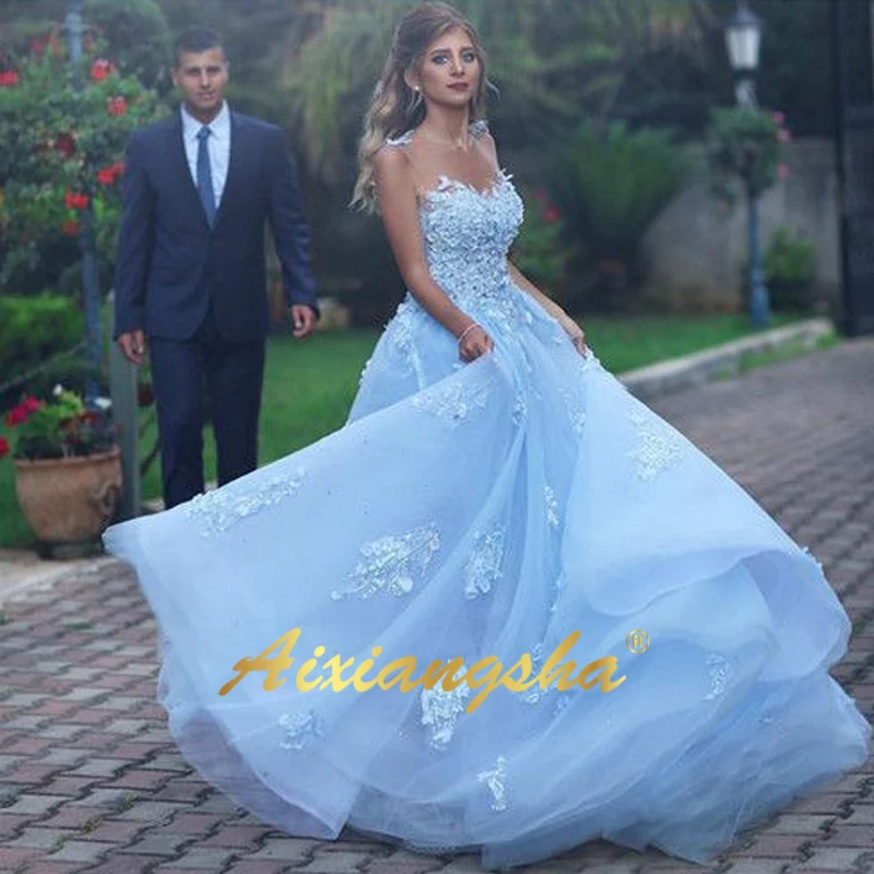 Vestido De Noiva синее свадебное платье 2020 бальное без рукавов фатиновое Дубайский