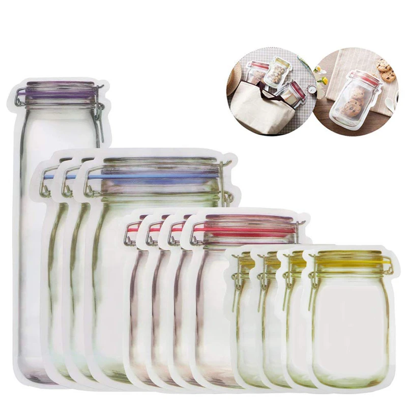 

12 Pieces Mason Jar Zipper Bags Reusable Snack Saver Bag Leakproof Food Sandwich Storage Bags for Travel Kids KC0216