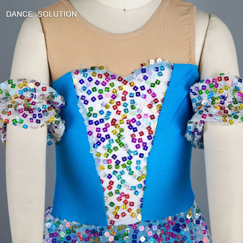Синий лиф из спандекса с разноцветными блестками и трико юбкой Sparking танцевальная